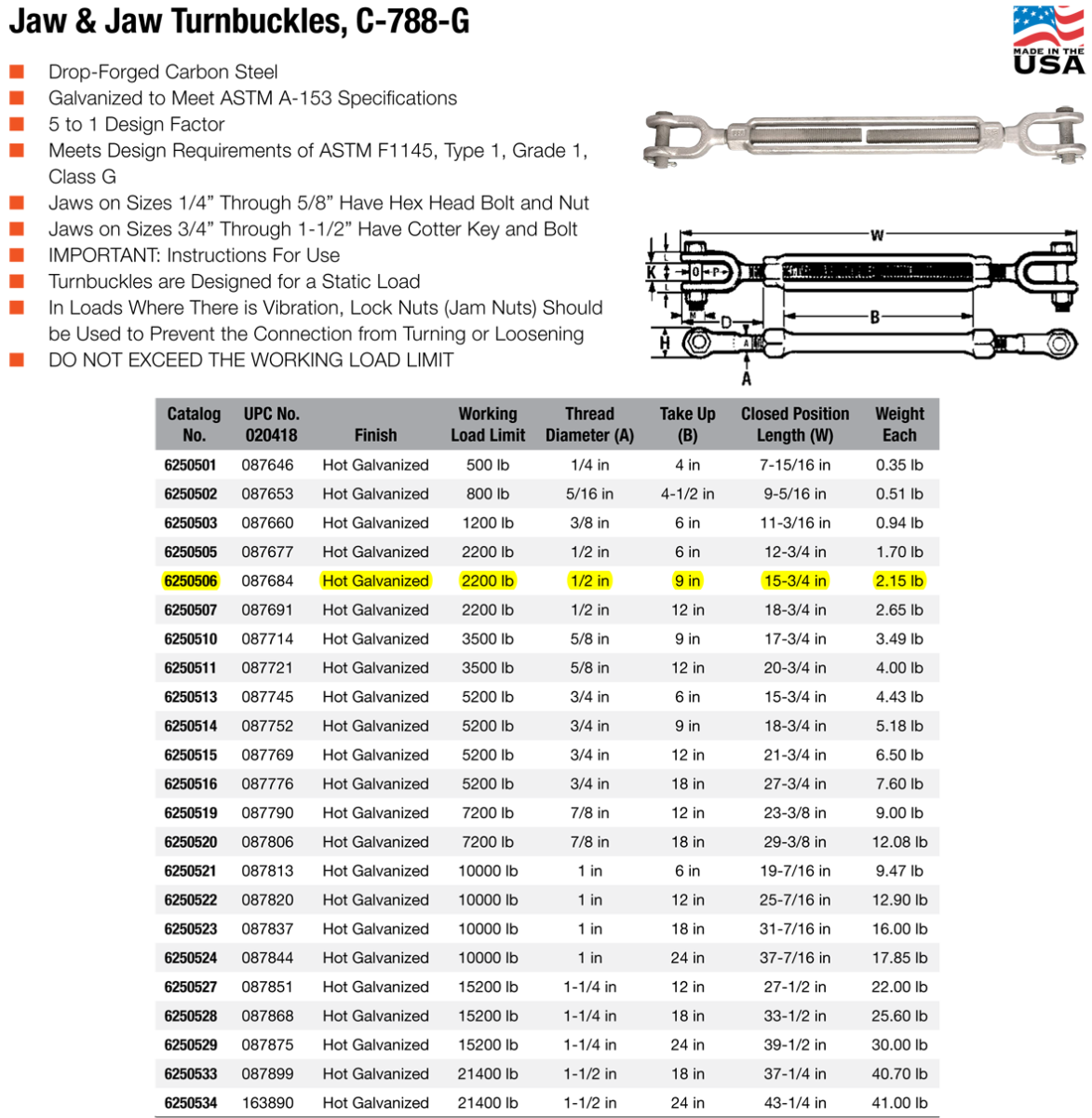 1/2x9 inch Campbell 788G Jaw & Jaw Turnbuckles Wesco Industries